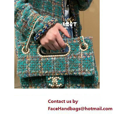 Chanel Wool and Silk Tweed, Glass and Wooden Pearls  &  Gold-Tone Metal Large Flap Bag with Top Handle AS4221 2023